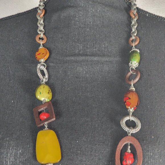 Chico's Vtg Red Green Earth Tone Mix Media Wood Metal Circle Square 38" Necklace - Picture 5 of 16
